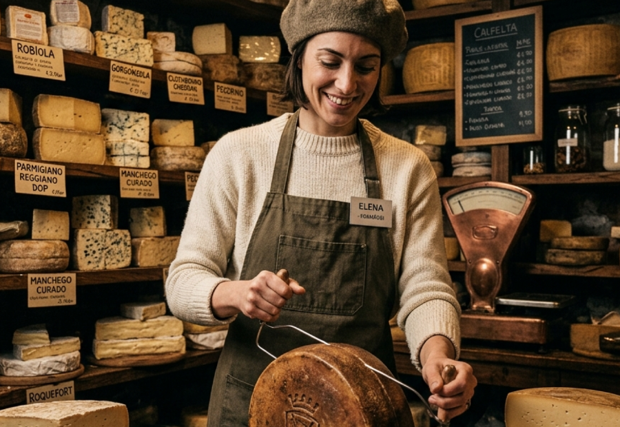 Cheesemonger preparando una tabla de quesos